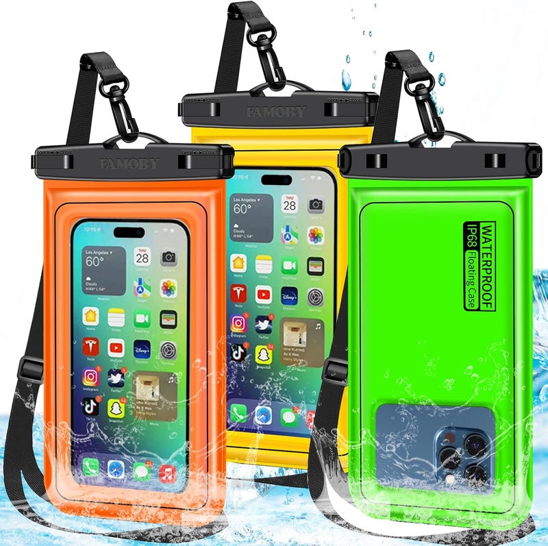 Famoby Floatable 3 Pack Multicolor Universal IP68 Floating Waterproof Phone Pouch,Adjustable Neck Lanyard Waterproof Phone Case Dry Bag for Apple iPhone,Samsung,and up to 8.3" Yellow,Orange,Green - Image 1